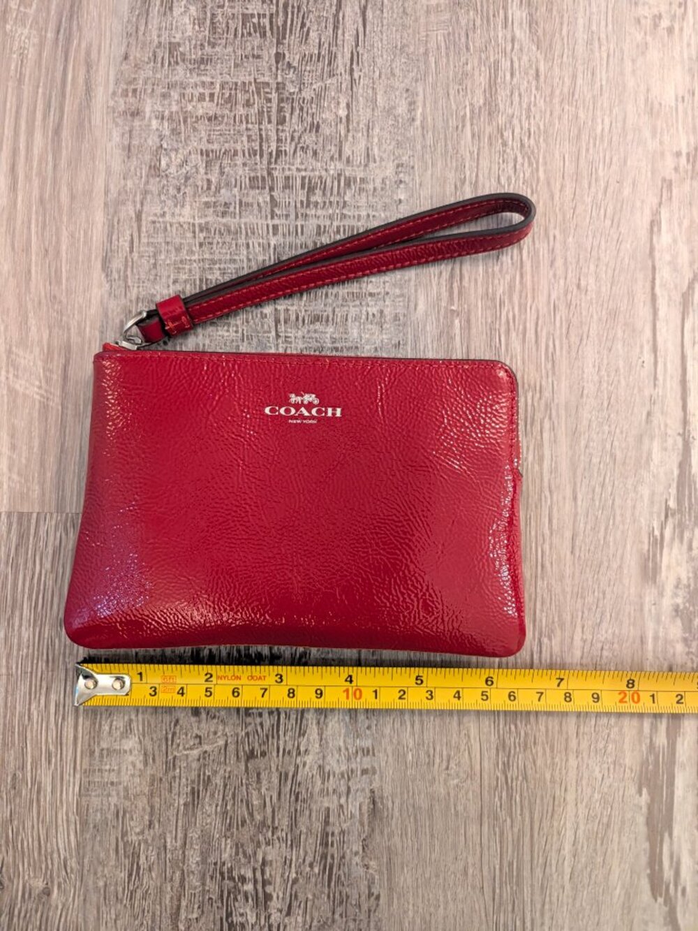 Coach Corner Zip Wristlet Red Crinkled Patent Leather SHW